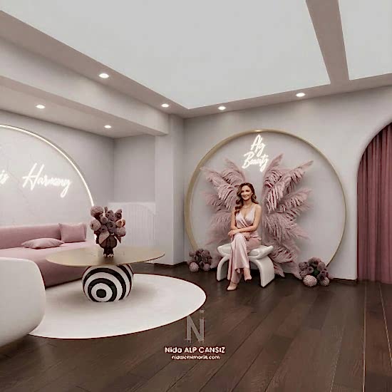 Aly Beauty güzellik merkezinin iç mekan tasarımında bekleme ve ayak bakım alanlarını bir arada gösteren genel mekan görünümü