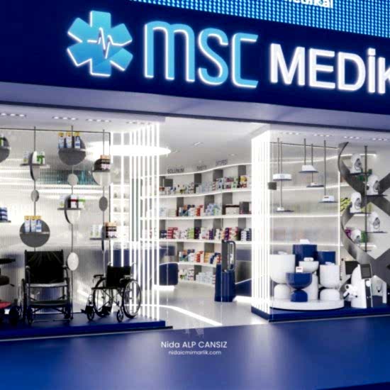 Medikal mağaza iç mimari tasarım projesi giriş cephesi ve vitrin tasarımı