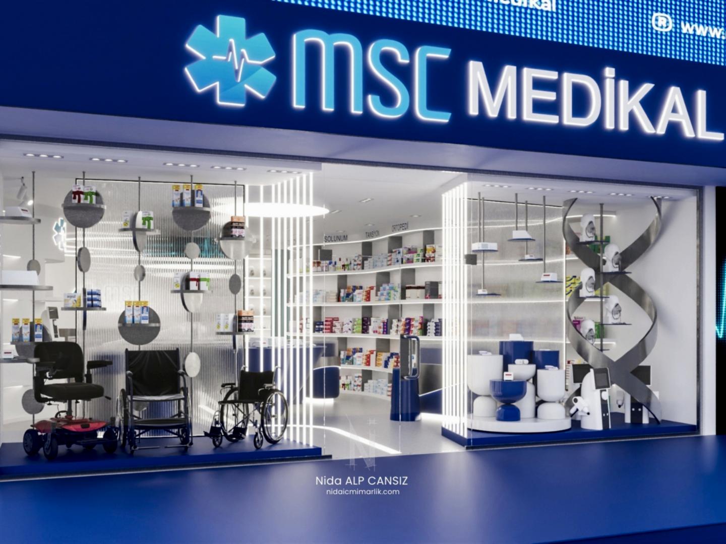 Medikal mağaza iç mimari tasarım projesi giriş cephesi ve vitrin tasarımı