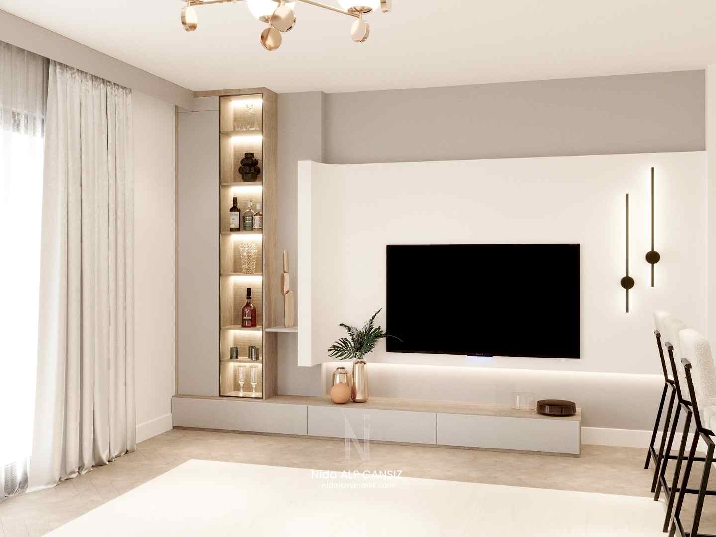 Modern iç mekan tasarımında özel üretim tv ünitesi ve aydınlatma detayı