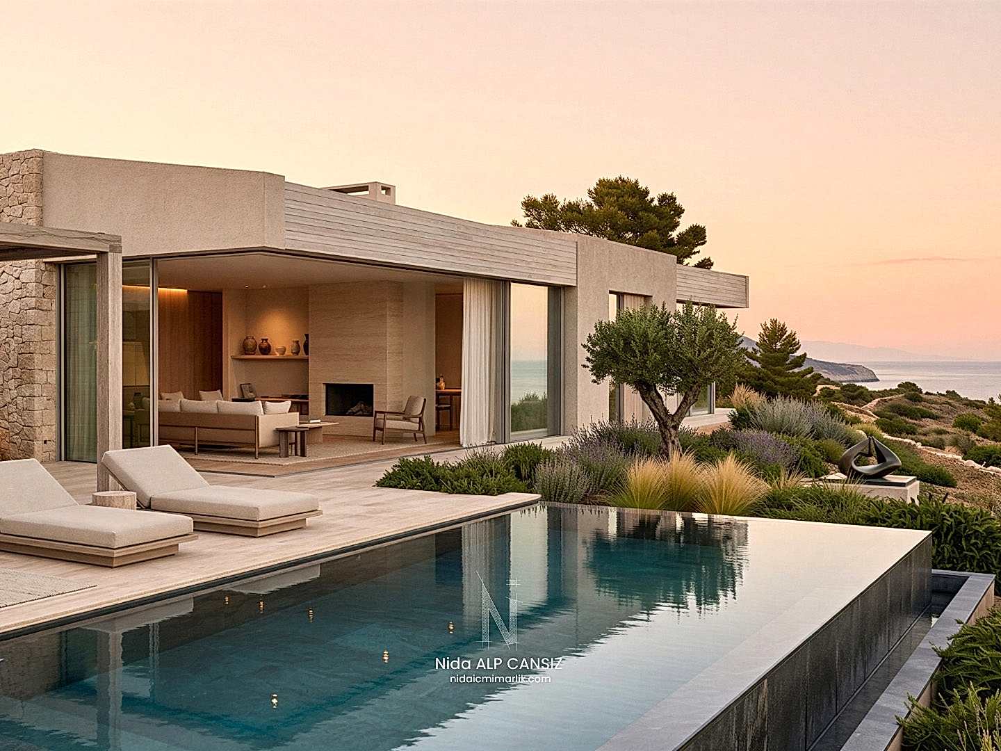 Modern lüks villa tasarımı, sonsuzluk havuzu ve deniz manzaralı teras alanı