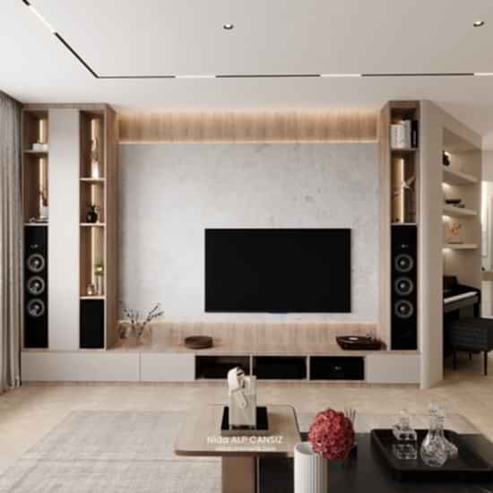 BY Evi Levent modern salon iç mimari tasarımı, özel tasarım tv ünitesi ve gizli aydınlatma detayları